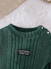 SHEIN Baby Knit Round Neck Long Sleeve Solid Color Pocket Applique Long Regular Fit Romper Fall - Dark Green - View 5
