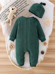 SHEIN Baby Knit Round Neck Long Sleeve Solid Color Pocket Applique Long Regular Fit Romper Fall - Dark Green - View 2