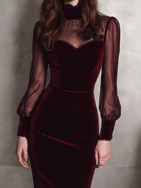 LUMIGAL Elegant Gothic Halloween Burgundy Velvet Commute Party Holiday Mesh Short Dress Spring Summer Autumn