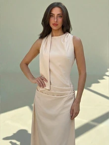 Aloruh Minimalist Commuter Apricot New Arrival Sleeveless Ruched Long Dress For Women, Spring/Summer - Apricot - View 3