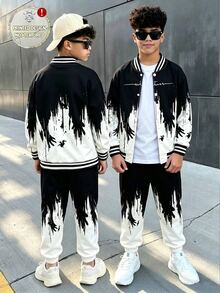 Tween Boys Jacket Street Cool Black White Cursive Letter Print Loose Long Sleeve Four-Button Back To School Autumn Fall Clothes - Multicolor - View 6