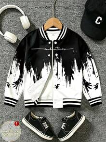Tween Boys Jacket Street Cool Black White Cursive Letter Print Loose Long Sleeve Four-Button Back To School Autumn Fall Clothes - Multicolor - View 2