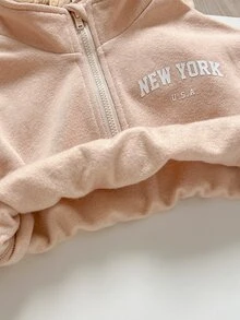 SHEIN Baby Girl Baby Girl Knit Solid Color Autumn/Winter Personalized Fashion Letter Pattern Pullover Zip-Up Sweatshirt & Long Pants 2-Piece Set, Suitable For Outings - Multicolor - View 4