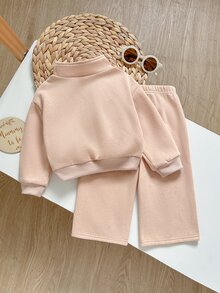 SHEIN Baby Girl Baby Girl Knit Solid Color Autumn/Winter Personalized Fashion Letter Pattern Pullover Zip-Up Sweatshirt & Long Pants 2-Piece Set, Suitable For Outings - Multicolor - View 2