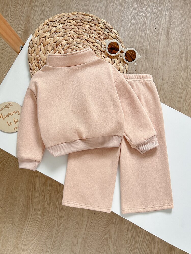 SHEIN Baby Girl Baby Girl Knit Solid Color Autumn/Winter Personalized Fashion Letter Pattern Pullover Zip-Up Sweatshirt & Long Pants 2-Piece Set, Suitable For Outings - Multicolor - View 2
