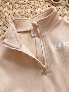 SHEIN Baby Girl Baby Girl Knit Solid Color Autumn/Winter Personalized Fashion Letter Pattern Pullover Zip-Up Sweatshirt & Long Pants 2-Piece Set, Suitable For Outings - Multicolor - View 5