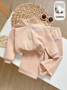 SHEIN Baby Girl Baby Girl Knit Solid Color Autumn/Winter Personalized Fashion Letter Pattern Pullover Zip-Up Sweatshirt & Long Pants 2-Piece Set, Suitable For Outings - Multicolor - View 1