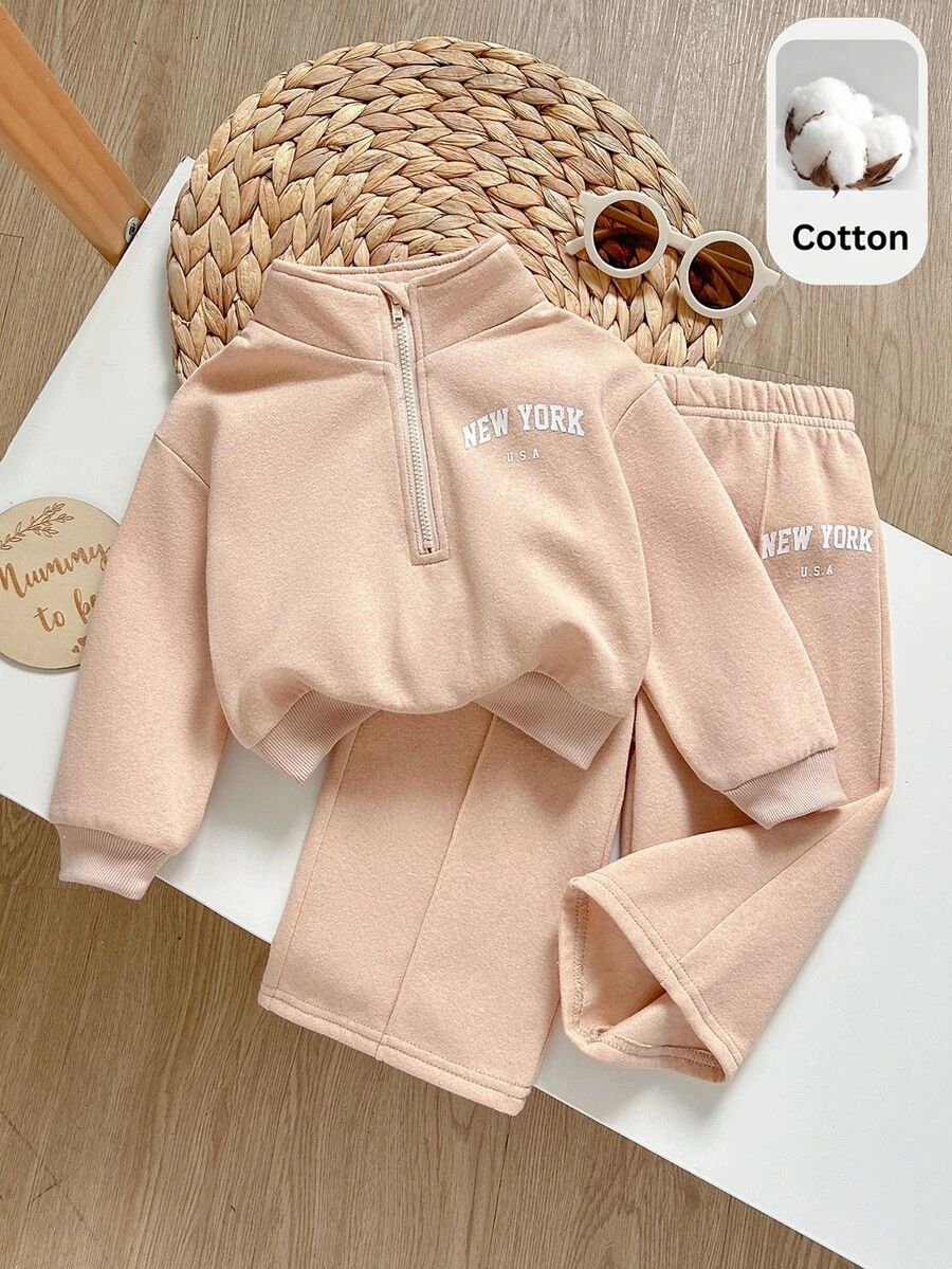 SHEIN Baby Girl Baby Girl Knit Solid Color Autumn/Winter Personalized Fashion Letter Pattern Pullover Zip-Up Sweatshirt & Long Pants 2-Piece Set, Suitable For Outings - Multicolor - View 1