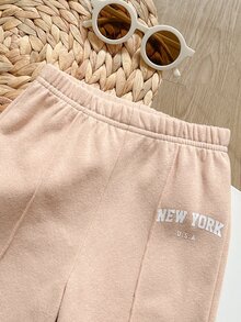 SHEIN Baby Girl Baby Girl Knit Solid Color Autumn/Winter Personalized Fashion Letter Pattern Pullover Zip-Up Sweatshirt & Long Pants 2-Piece Set, Suitable For Outings - Multicolor - View 3