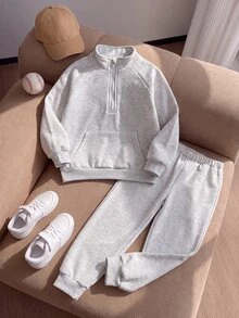 Playful Pals 2pcs Set Young Boys Half-Zip Stand Collar Grey Raglan Long Sleeve Tracksuit For Daily Wear,Spring & Autumn - Light Grey - View 7