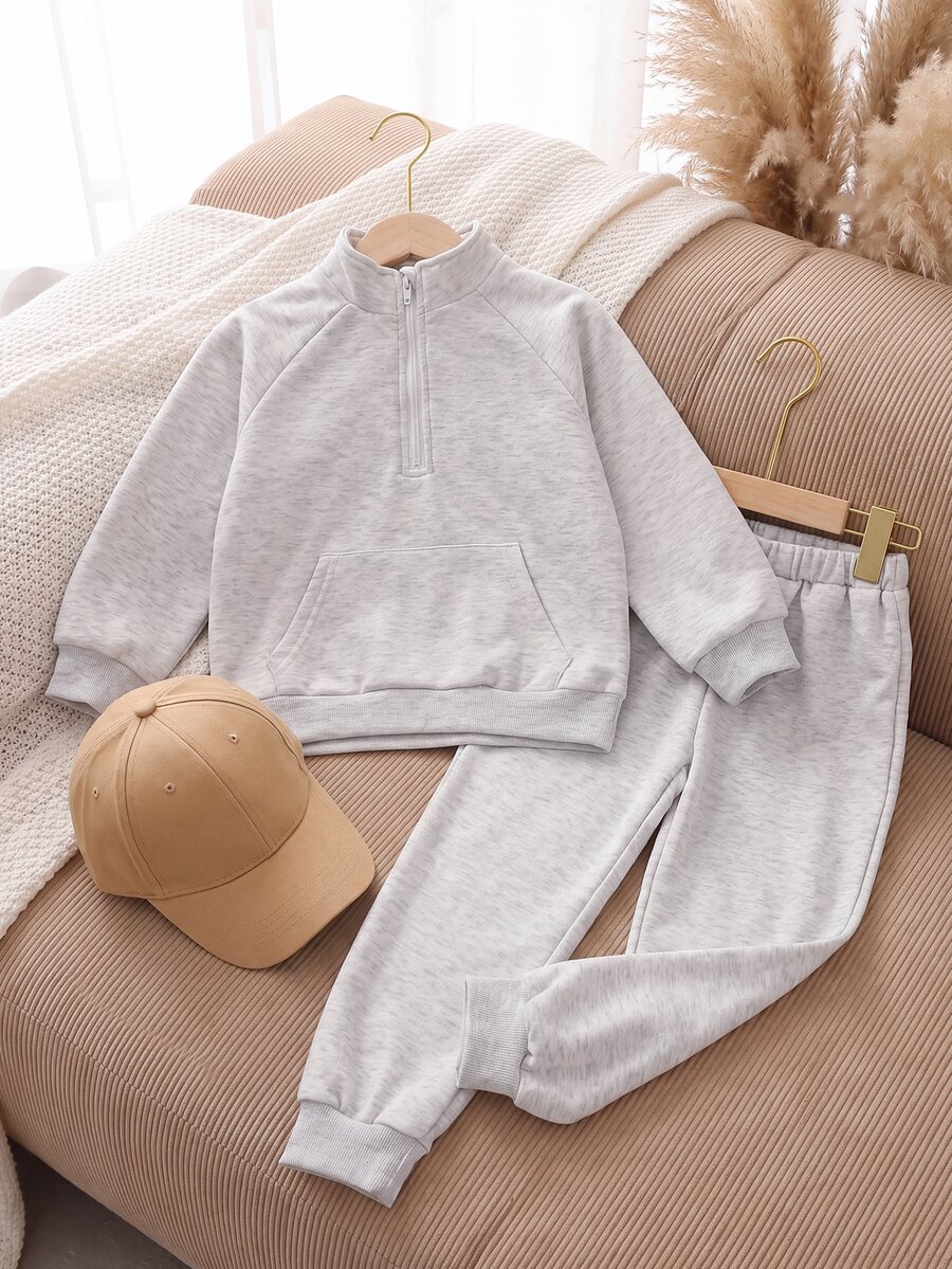 Playful Pals 2pcs Set Young Boys Half-Zip Stand Collar Grey Raglan Long Sleeve Tracksuit For Daily Wear,Spring & Autumn