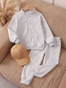 Playful Pals 2pcs Set Young Boys Half-Zip Stand Collar Grey Raglan Long Sleeve Tracksuit For Daily Wear,Spring & Autumn - Light Grey - View 9