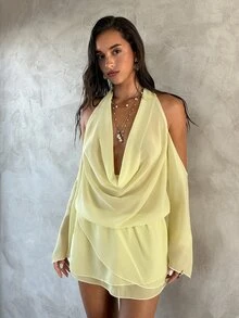 Aloruh 女士春夏新款纯色浅黄色薄纱罩衫，性感迷你连衣裙，垂褶领连衣裙，长袖连衣裙，长袖罩衫，女士度假装，女士沙滩裙 - 淡黃色 - 查看 4