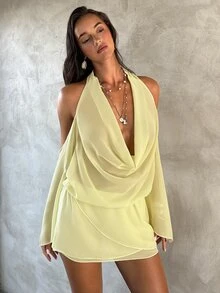 Aloruh 女士春夏新款纯色浅黄色薄纱罩衫，性感迷你连衣裙，垂褶领连衣裙，长袖连衣裙，长袖罩衫，女士度假装，女士沙滩裙 - 淡黃色 - 查看 8