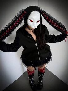 Whyspr Halloween Cosplay Casual Elegant Minimalist Big Ear Rabbit Eyelet Contrast Color Bow Decor Front Zipper Cool Punk Rock Women's Halloween Costume - Black - View 3