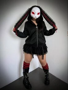 Whyspr Halloween Cosplay Casual Elegant Minimalist Big Ear Rabbit Eyelet Contrast Color Bow Decor Front Zipper Cool Punk Rock Women's Halloween Costume - Black - View 2