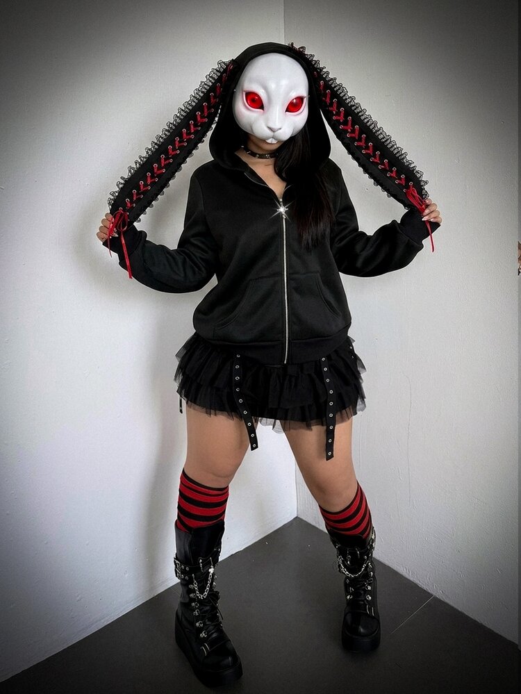 Whyspr 萬聖節 Cosplay 休閒優雅極簡大耳朵兔子女款萬聖節服裝，鏤空撞色蝴蝶結裝飾，前拉鍊，酷帥龐克搖滾風 - 黑色 - 查看 2