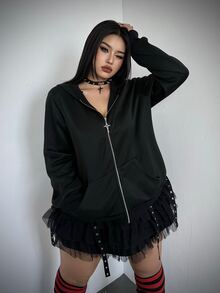 Whyspr Halloween Cosplay Casual Elegant Minimalist Big Ear Rabbit Eyelet Contrast Color Bow Decor Front Zipper Cool Punk Rock Women's Halloween Costume - Black - View 6
