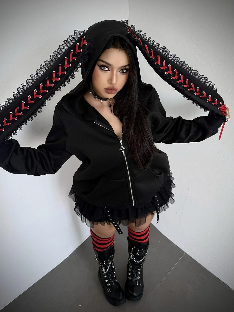 Whyspr Halloween Cosplay Casual Elegant Minimalist Big Ear Rabbit Eyelet Contrast Color Bow Decor Front Zipper Cool Punk Rock Women's Halloween Costume - Black - View 1