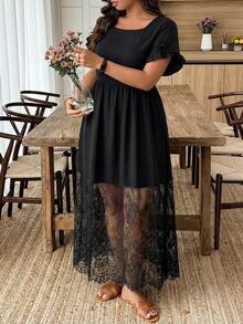 Weeklong Plus Size Women's Casual Elegant Minimalist Everyday Dinner Wedding Guest Party Ruffle Sleeve Lace Patchwork A-Line Long Dress Summer Black Elegant - Black - View 5