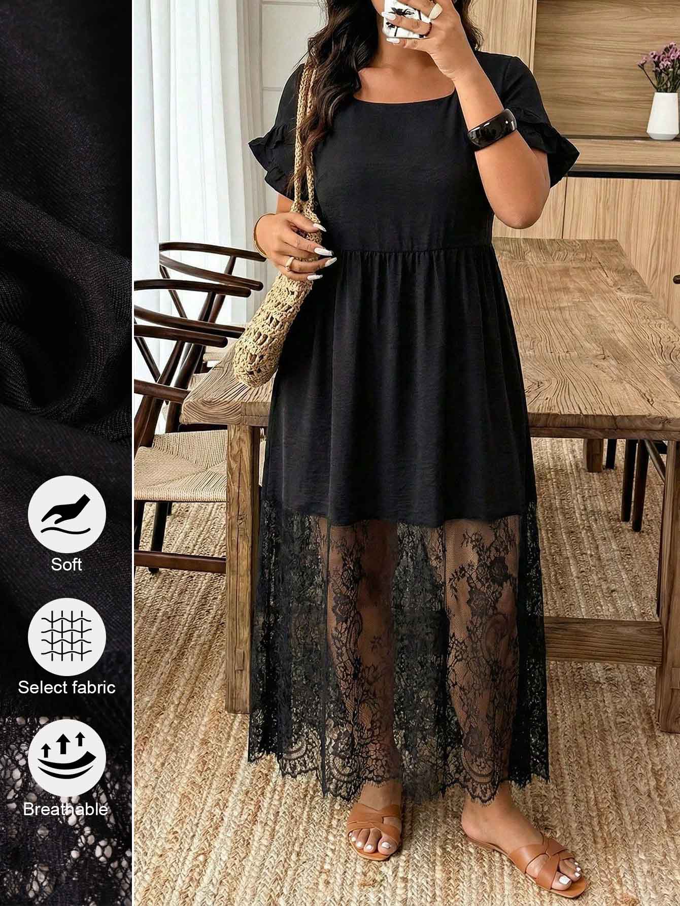 Weeklong Plus Size Women's Casual Elegant Minimalist Everyday Dinner Wedding Guest Party Ruffle Sleeve Lace Patchwork A-Line Long Dress Summer Black Elegant - Black - View 1