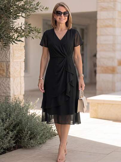 Miaspire Vestido de gasa negro asimétrico para madre del novio, invitada de bautizo, regalo para mamá, manga corta, largo medio, cintura ceñida, corte slim, elegante, verano
