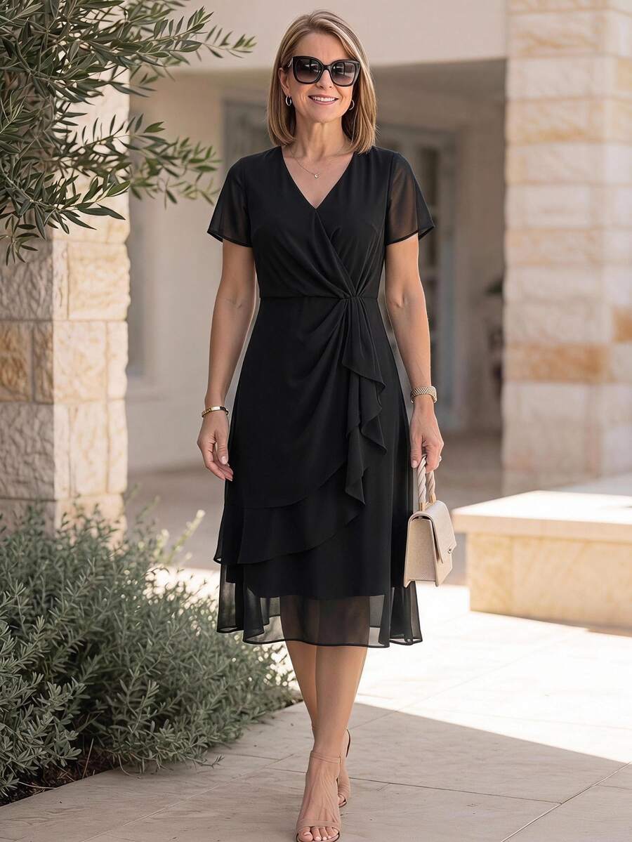 Miaspire 黑色不對稱派對新郎母親洗禮賓客媽媽短袖雪紡中長洋裝 收腰優雅性感夏季 - 黑色 - 查看 1