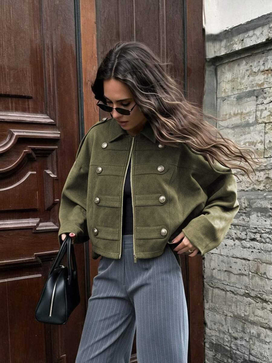 Flora Isola Flora Isola Women's Autumn/Winter Sleeve Cuff Decor Napoleon Element Casual Street Style Regular Commute Wearable Thin Jacket - Olive Green - View 1
