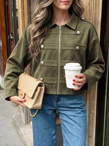 Flora Isola Flora Isola Women's Autumn/Winter Sleeve Cuff Decor Napoleon Element Casual Street Style Regular Commute Wearable Thin Jacket - Olive Green - View 5