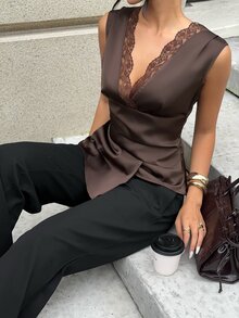 Aloruh 女款優雅通勤條紋無袖鈕扣襯衫辦公室工作上衣 - 咖啡棕 - 查看 6