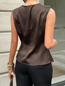 Aloruh 女款優雅通勤條紋無袖鈕扣襯衫辦公室工作上衣 - 咖啡棕 - 查看 3
