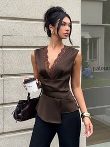 Aloruh 女款優雅通勤條紋無袖鈕扣襯衫辦公室工作上衣 - 咖啡棕 - 查看 7