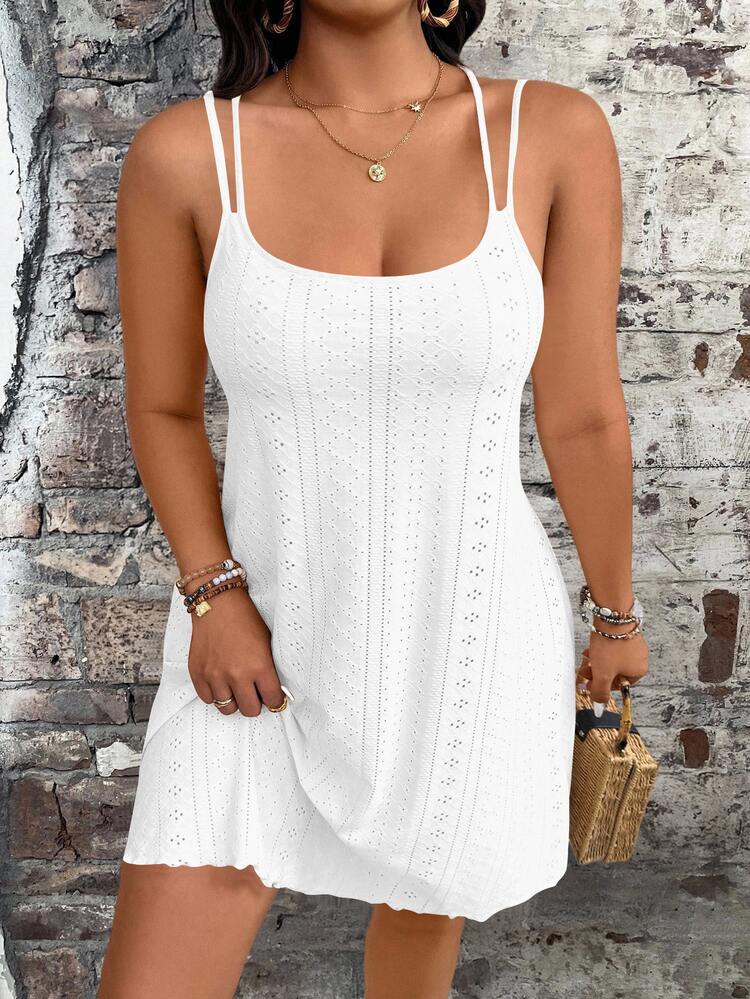 Breezaya Gaun Slip Jacquard Warna Polos Kasual Musim Panas untuk Wanita Ukuran Plus - Putih - View 5