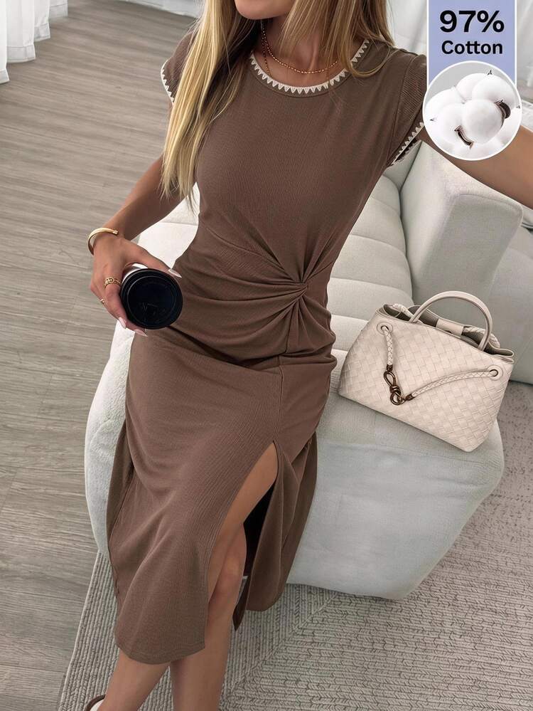 Easowa Round Neck Dropped Shoulder Wide Shoulder Contrast Color Embroidered Trim Waist Knot Cinched High Slit Dress, Traceable Cotton Comfortable Fabric, Casual Relaxed Elegant Commute Old Money Style, Autumn/Winter Women's Mid-Length Dress - Brown - View 1