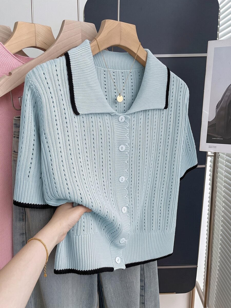 Franclia 女士休闲宽松 Polo 领短袖镂空针织撞色滚边杏色开衫，春夏款