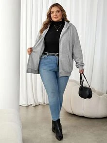 SHEIN CURVE+ Smart Casual 基本款寬鬆街頭風復古美式學院風大碼 22W 素色灰色奶油色黑色秋季度假假日外出穿搭 - 灰色 - 查看 10