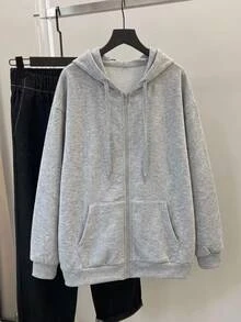 SHEIN CURVE+ Smart Casual 基本款寬鬆街頭風復古美式學院風大碼 22W 素色灰色奶油色黑色秋季度假假日外出穿搭 - 灰色 - 查看 11