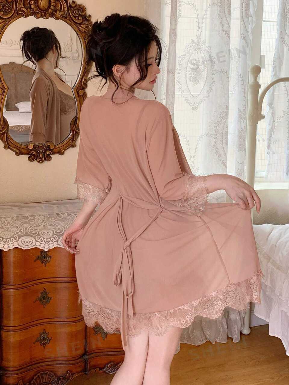 2pcs/Set Women's Sexy Mesh And Lace Sleepwear Set, Spring Pajama