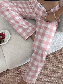Napfluff Women's Casual Cute Pink And White Plaid Print Elastic Waist Straight Leg Lounge Pants Lounge Sleeping Autumn - Pink - View 6