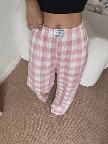 Napfluff Women's Casual Cute Pink And White Plaid Print Elastic Waist Straight Leg Lounge Pants Lounge Sleeping Autumn - Pink - View 4