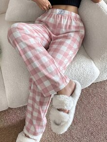 Napfluff Women's Casual Cute Pink And White Plaid Print Elastic Waist Straight Leg Lounge Pants Lounge Sleeping Autumn - Pink - View 1