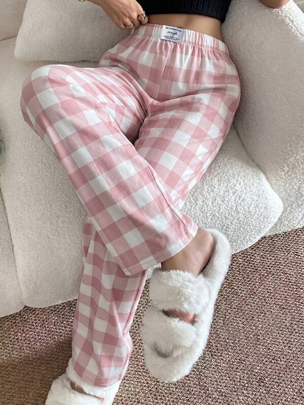 Napfluff Pantalones de estar por casa rectos de cintura elástica con estampado de cuadros rosas para mujer