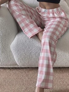 Napfluff Women's Casual Cute Pink And White Plaid Print Elastic Waist Straight Leg Lounge Pants Lounge Sleeping Autumn - Pink - View 3
