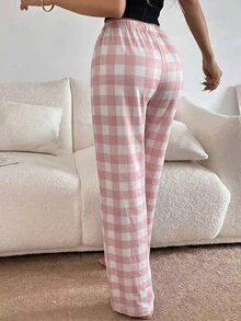 Napfluff Women's Casual Cute Pink And White Plaid Print Elastic Waist Straight Leg Lounge Pants Lounge Sleeping Autumn - Pink - View 2