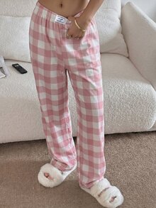 Napfluff Women's Casual Cute Pink And White Plaid Print Elastic Waist Straight Leg Lounge Pants Lounge Sleeping Autumn - Pink - View 5