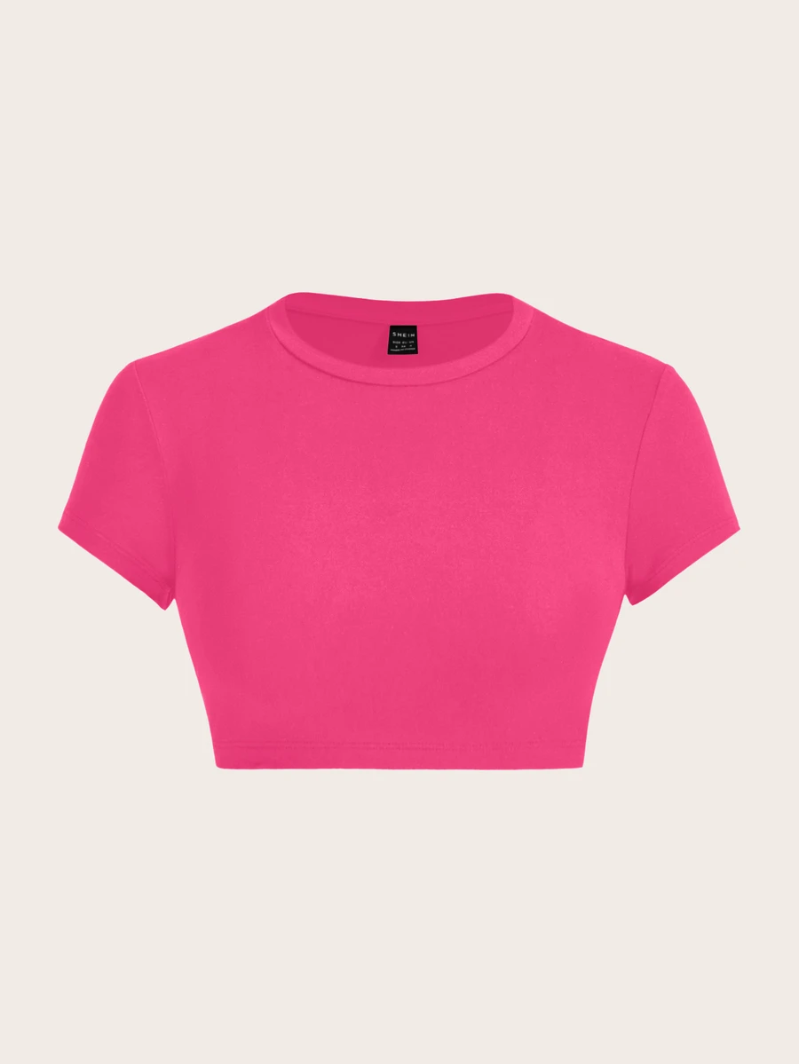 SHEIN ICON 休闲简约圆领短袖修身短款女式T恤，适合夏季 - 玫紅色 - 查看 1