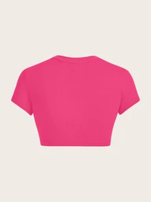 SHEIN ICON 休闲简约圆领短袖修身短款女式T恤，适合夏季 - 玫紅色 - 查看 2
