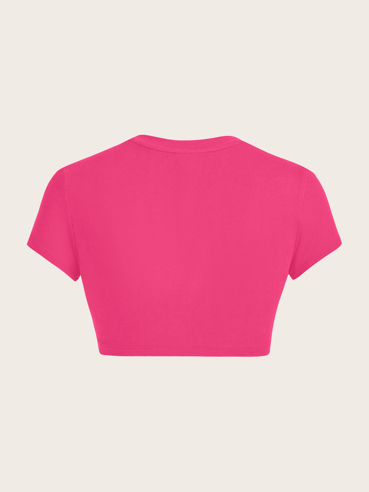 SHEIN ICON 休闲简约圆领短袖修身短款女式T恤，适合夏季 - 玫紅色 - 查看 2