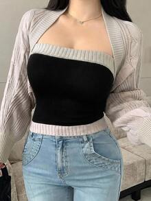 Dazy Plus Plus Size Women Colorblock Patchwork Wrap Bandeau Top And Extra Wide Open Front Cardigan Elegant Spring/Autumn Sweater Set - Grey - View 5