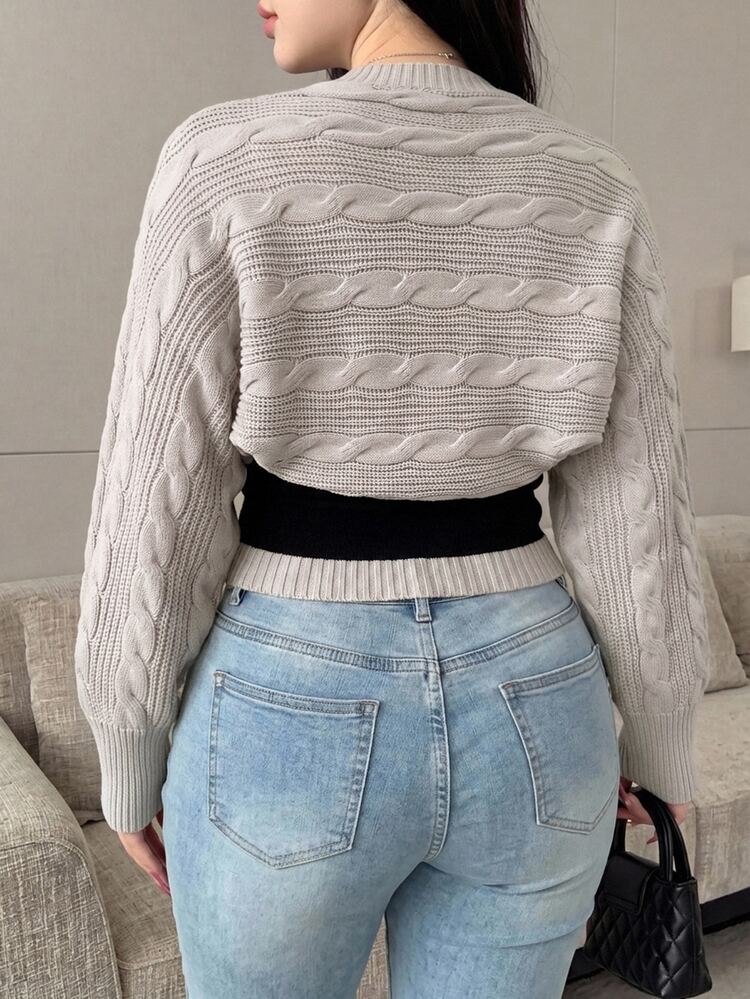 Dazy Plus Plus Size Women Colorblock Patchwork Wrap Bandeau Top And Extra Wide Open Front Cardigan Elegant Spring/Autumn Sweater Set - Grey - View 7
